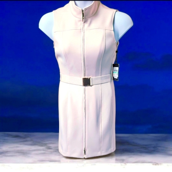 TOMMY HILFIGER Powder Pink Mock Neck Zip Front Scuba Sheath Dress Size 8P - Picture 1 of 16